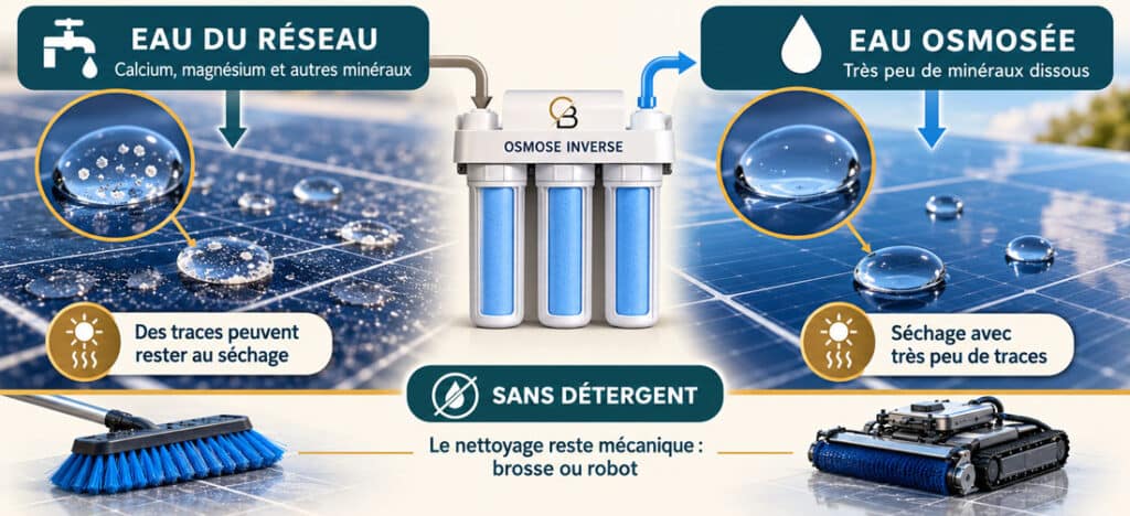 Comparatif utilisation de l'eau du réseau et de l'eau osmosée pour montrer les bénéfices de l'eau osmosée sur le nettoyage des panneaux photovoltaïques